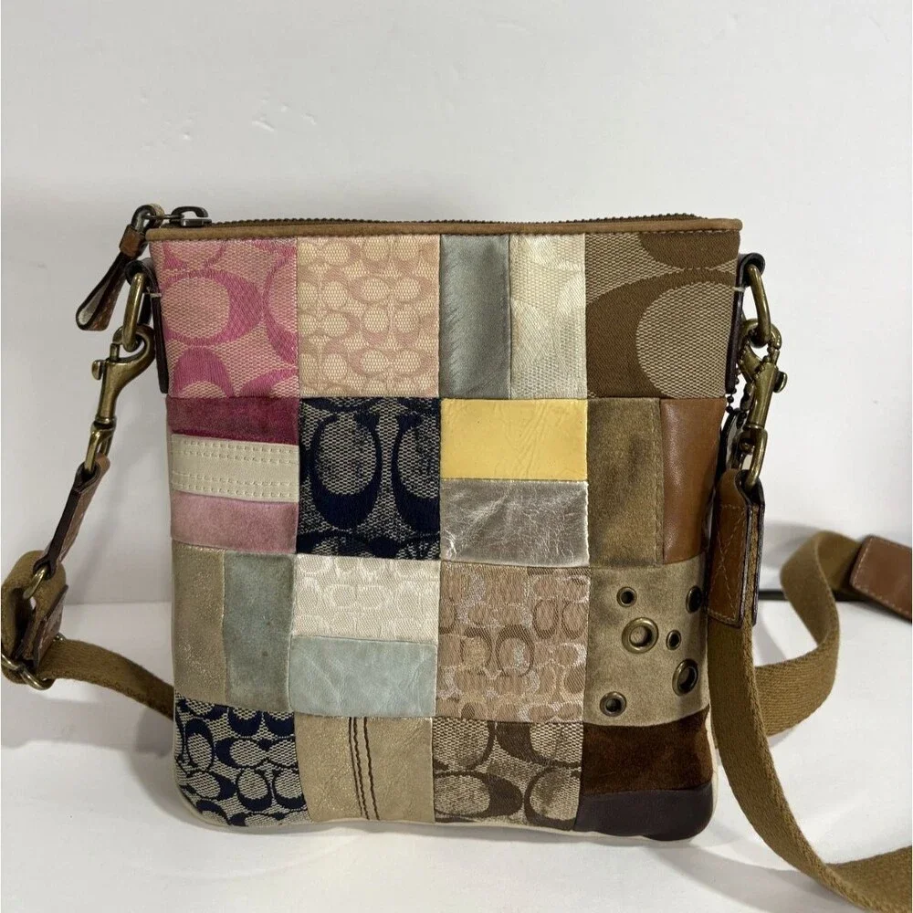 Vtg Coach Signature Patchwork Crossbody Bag Mix Canvas Suede Leather Multicolor